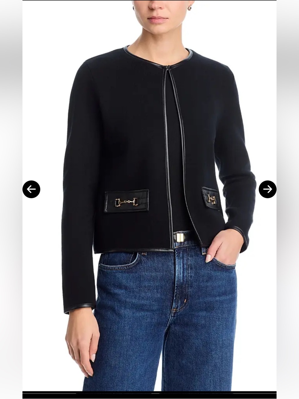 SIONI Faux Leather Trim Black Collarless Cropped Cardigan Jacket